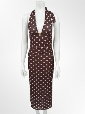Polka Dot Halter Midi Dress - Brown size XS